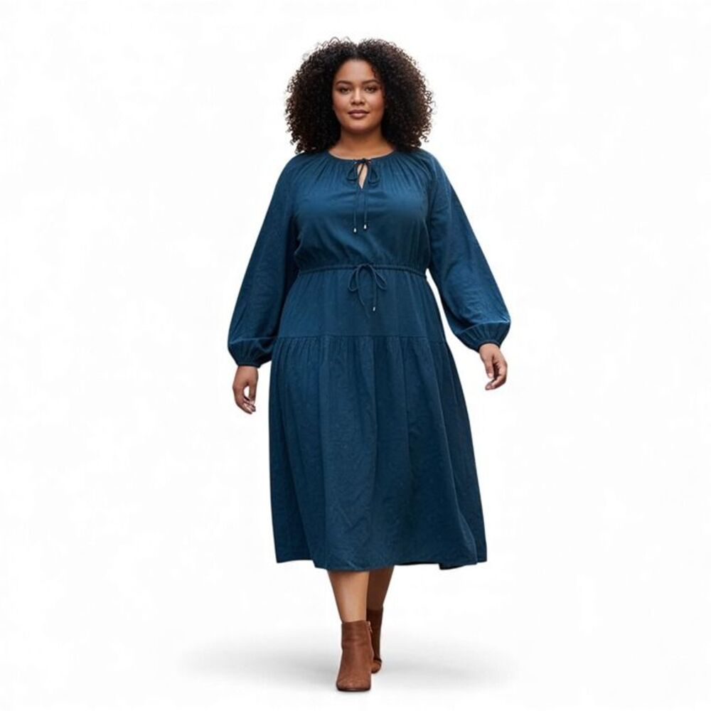 OLD NAVY Waist-Defined Embroidered Long-Sleeve Blue Midi Dress, NWT! Size 2X